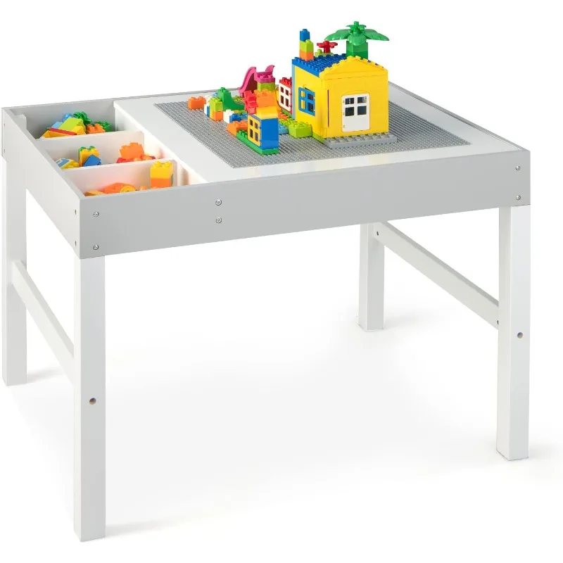 

Kids Table, 3 in 1 Wooden Building Block Desk w/Storage, Double-Sided Tabletop , Gift Boys Girls, Children Activity