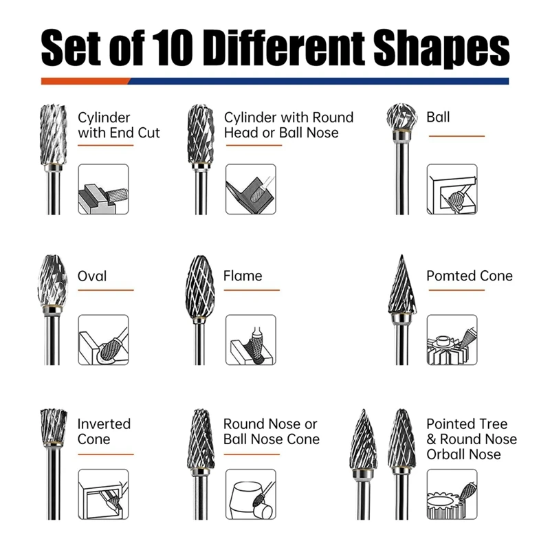 Набор твердосплавных фрез, 10 шт., совместимый с 1/8 дюйма, вращающиеся насадки для инструментов с двойным вырезом, для металла, дерева, камня, стали