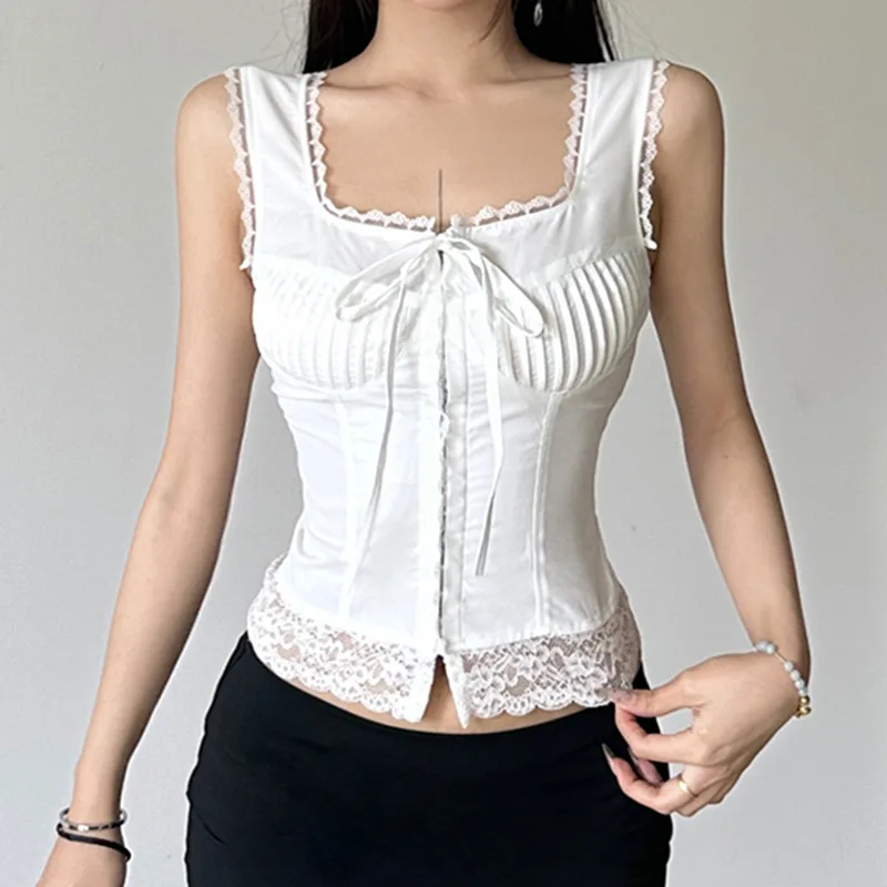 

Lace Stitching Sleeveless Woven Top Sweet Girlish Solid Color Square Collar Bow Tie Fitted Waist Vest