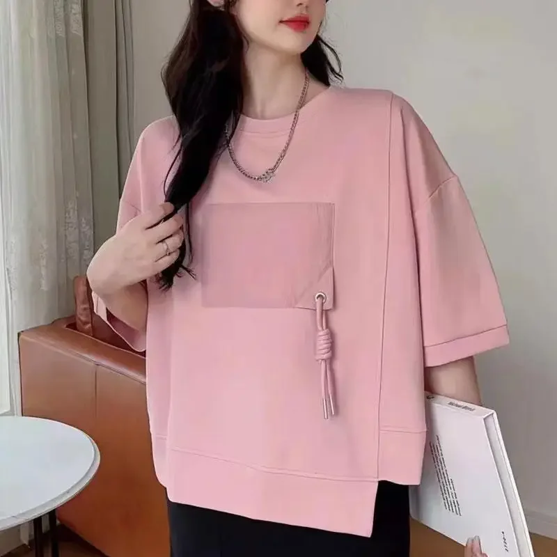 Dimanaf 2024 New Women T-Shirt Bat Zipper Female Solid O-Neck Cotton Loose Short Sleeve Big Size Tops&Tees Yellow