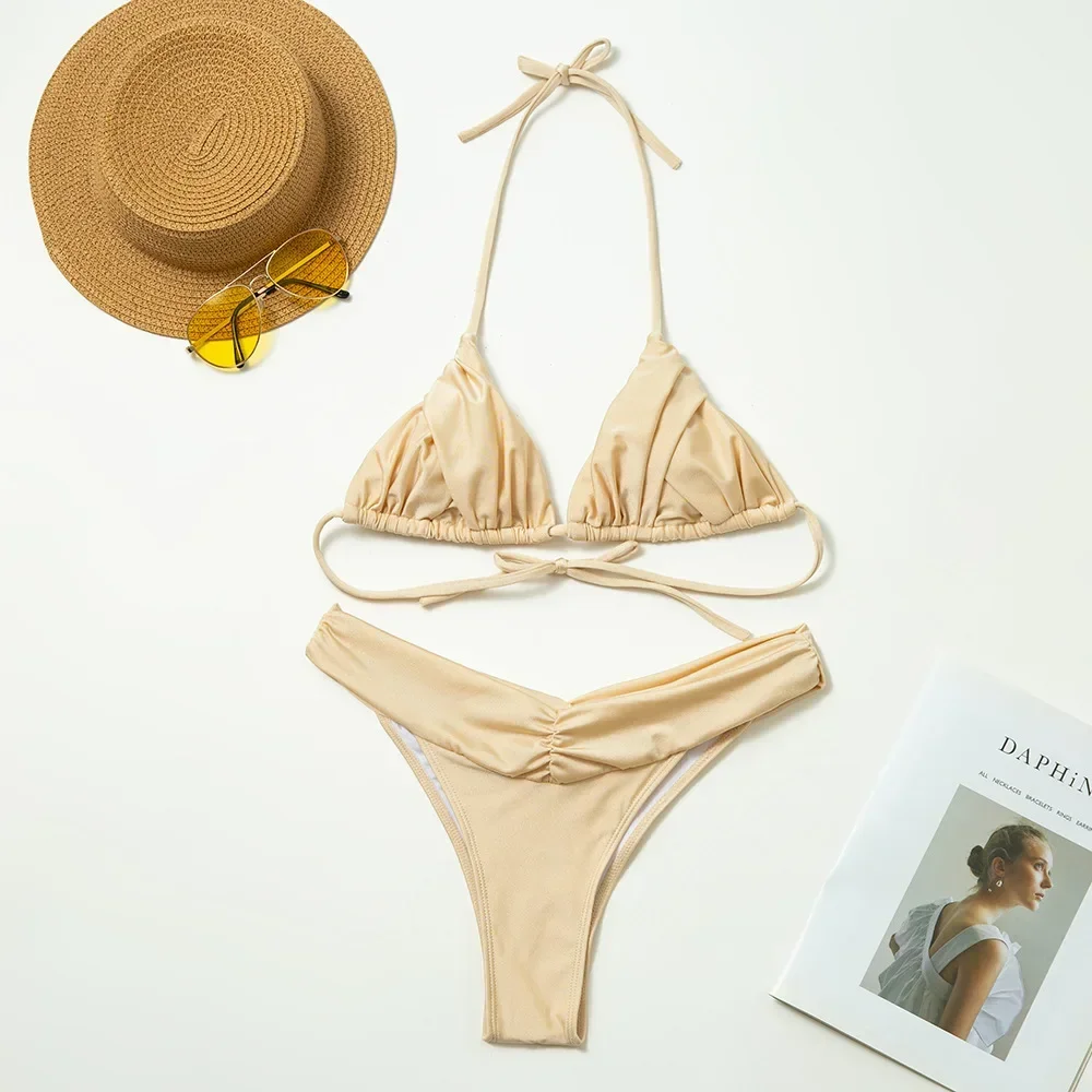 セクシーな固体ツーピース水着女性ミニビキニセット Tバック水着ハイウエスト水着 Biquini 女性のビーチウェア