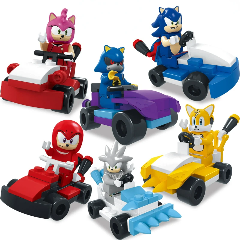 Sonic Building Blocks Toy para crianças, Figuras de ação, Montagem, Carro de corrida, Modelo dos desenhos animados, Presente surpresa de aniversário, Menino, 6 peças por conjunto