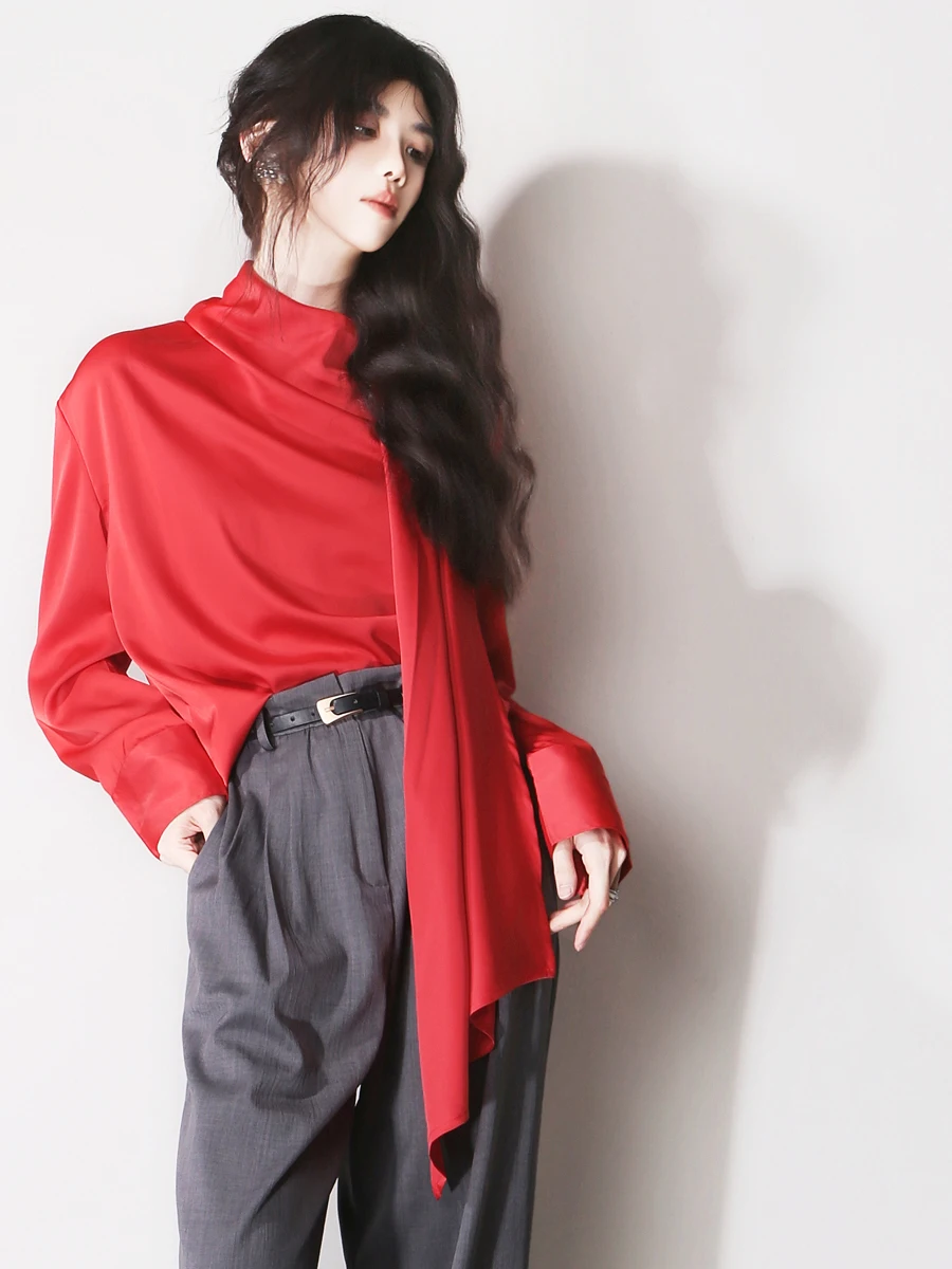 

Silky Satin Loose Asymmetric Scarf Design Crumpled Slimming Vintage Shirt Casual Style Long Sleeve Color Spring Fashion