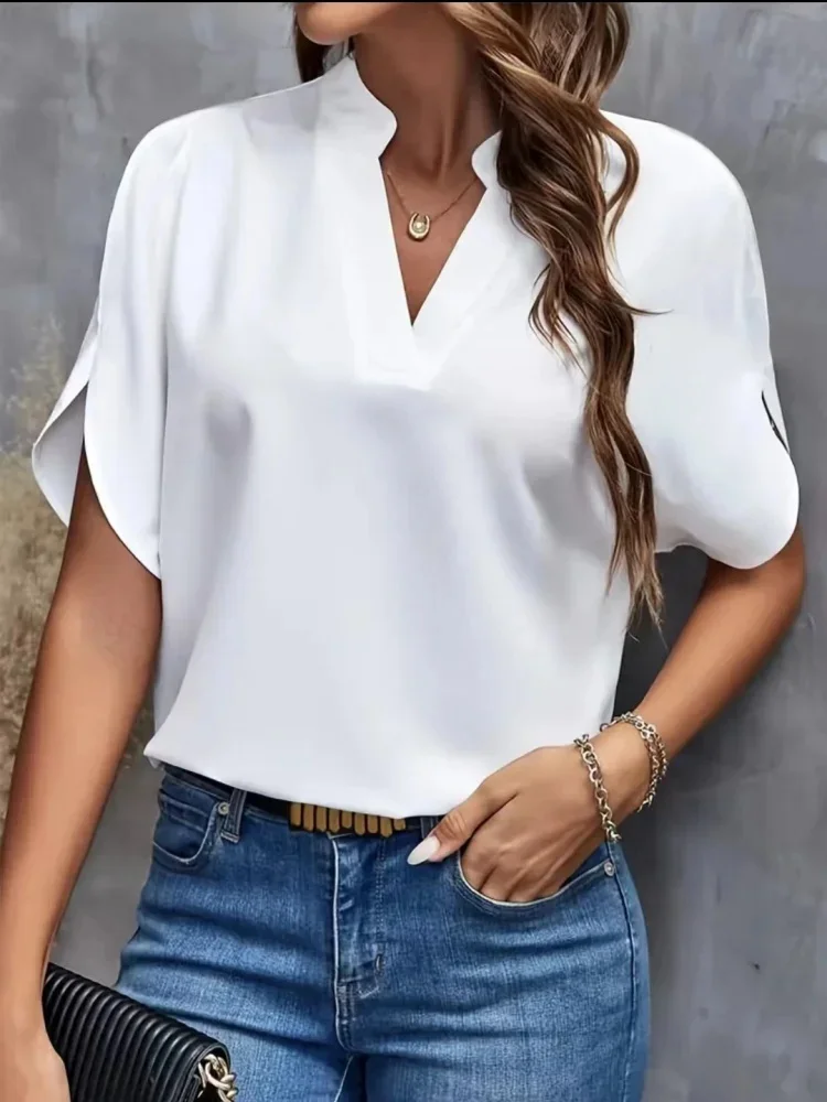 Women Spring Summer Style Blouses Shirts Lady Casual Short Split Sleeve V-Neck Off Shoulder Solid Color Blusas Tops