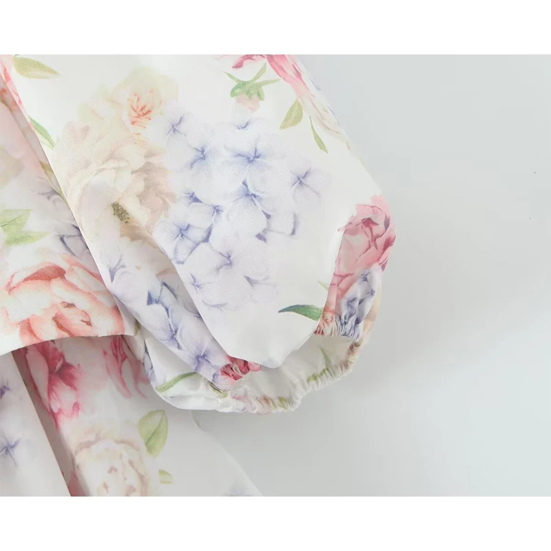 Sexy profundo decote em v lanterna manga em camadas plissado floral impressão vestido feminino elegante a linha mini vestidos senhora férias festa robe