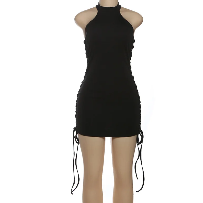 ชุดมินิเดรสแฟชั่นผู้หญิง ผ้าเรียบ แต่งตาไก่ ผูกเชือก โชว์หลัง ทรงเข้ารูป เซ็กซี่ แขนกุด สำหรับงานปาร์ตี้กลางคืน ชุดออกงาน ชุดเดรส