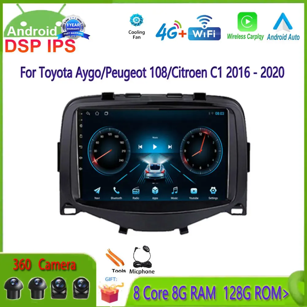 

7" For Toyota Aygo/Peugeot 108 1 2016 - 2020 Android 14 Radio Car Multimedia Player Carplay GPS Navigation Wifi Bt