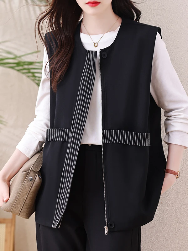 Fashionable Versatile Large Size Sleeveless Vest Outerwear Women's Loose Age-Defying Top round Neck Single Button Closure