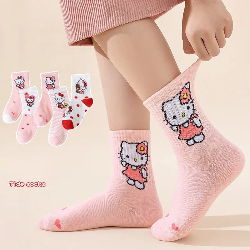 Hello Kitty Sanrio Kuromi Stitch Girl Sock Lace Pure Cotton Cartoon Girl Princess Socks Cute KT Cat Mid-calf Socks Girls Gifts