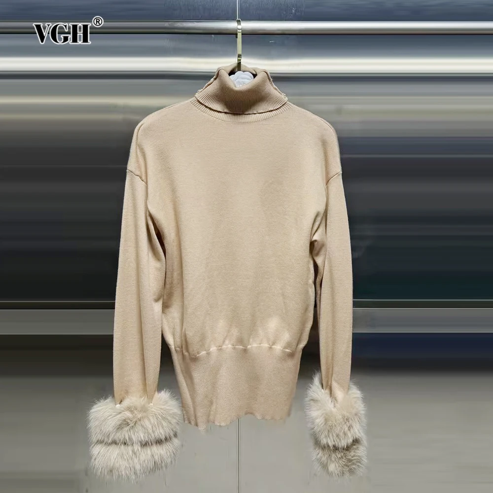 

VGH Elegant Solid Knitting Puffover Sweaters For Women Turtleneck Long Sleeve Temperament Slimming Sweater Female Fashion Style