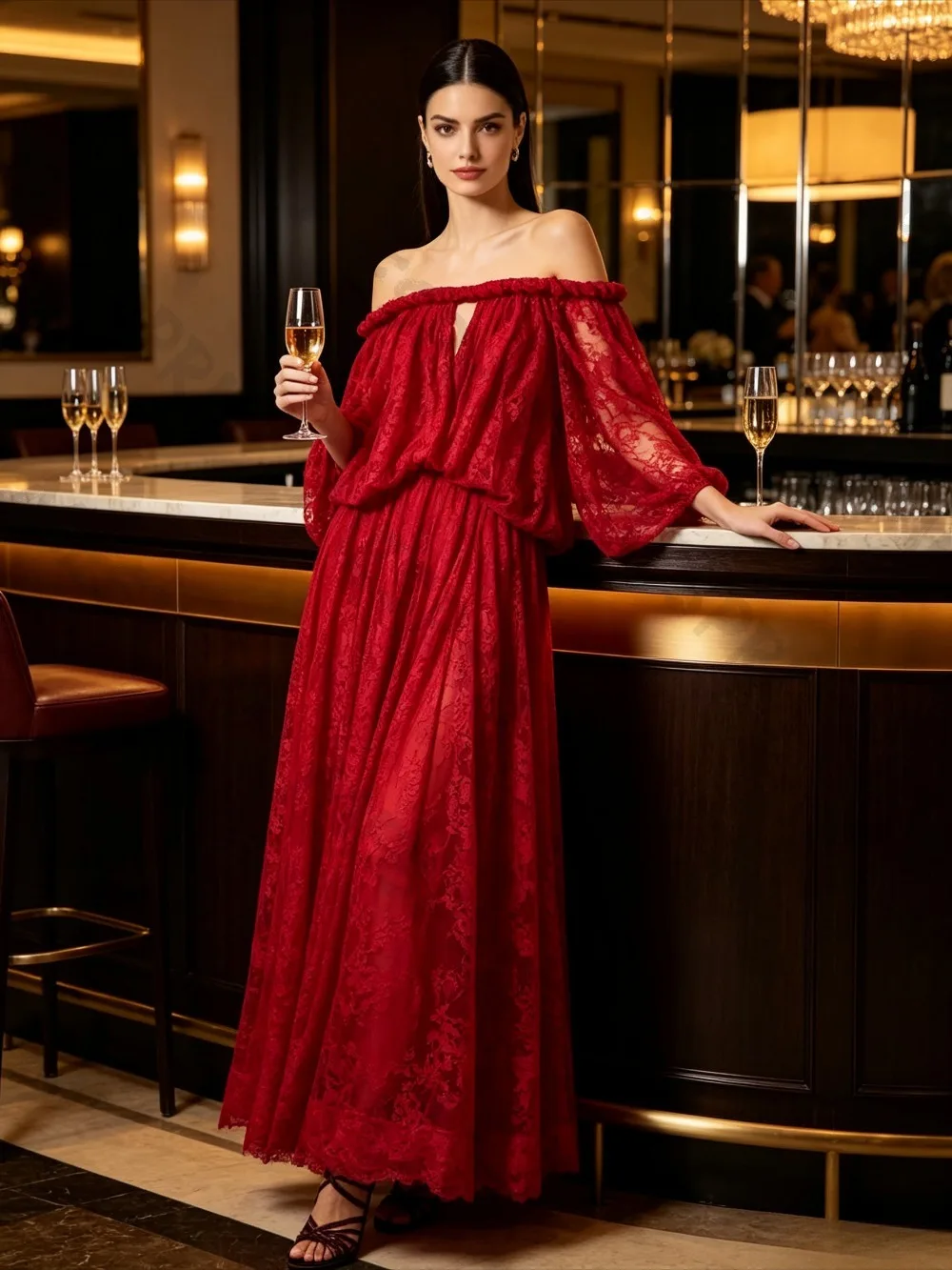 Customized Sexy One Shoulder A-line Evening Gowns with Hollowed Out Chest Transparent Mesh Lace Lantern Sleeves Pleats Dresses