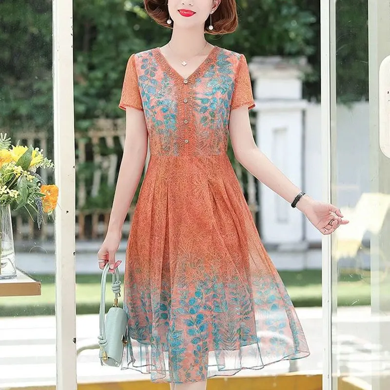 

Prairie Chic Printed Dresses Fashion Lace Spliced Summer Elegant V-Neck Female Clothing Vintage Casual Short Sleeve Midi Dress