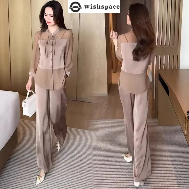 

Fashionable Women's Set for Spring and Summer New Western Style Slimming Off with Button Down Shirt Wide Leg Pants Two-piece Set