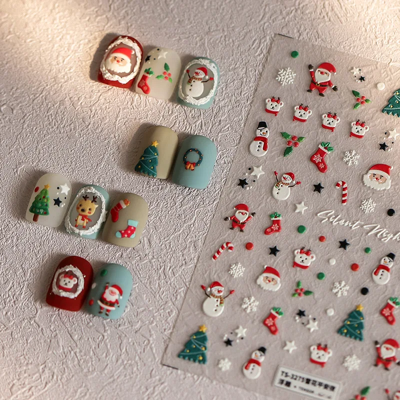 

Cute Christmas Nail Stickers Color Block Q Santa Snowflake Star Self Adhesive Premium Vinyl Glossy for Women Party Decor