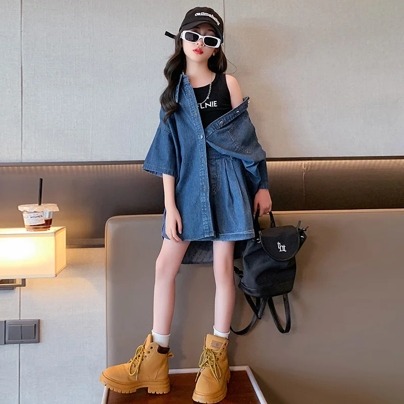 

junior girl Summer Soft denim clothes Set Irregular denim shirt shorts 2pcs teen kid suit child outfits conjunto infantil menina