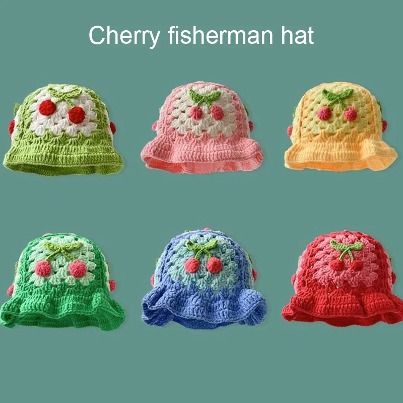 Cherry crochet fisherman hat students Spring and autumn handwoven cute beanie pee knitted hat Korean retro hollow boatman hat