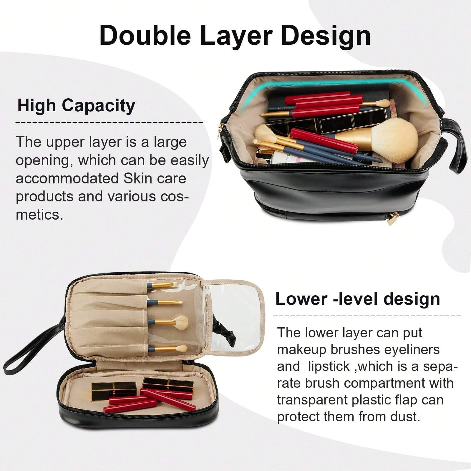 Travel Large Double Layer Cosmetic Bag Waterproof Leather Makeup Bag Women Girls Portable Toiletry Bag Make Up Storage Organizer