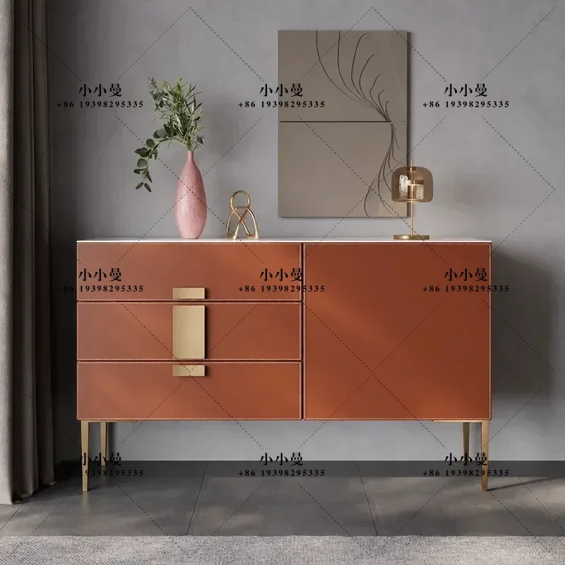 Modern Retro Saddle Leather Side Cabinet Small Apartment Storage Locker Bedroom End Table High TV Stand for Living Room