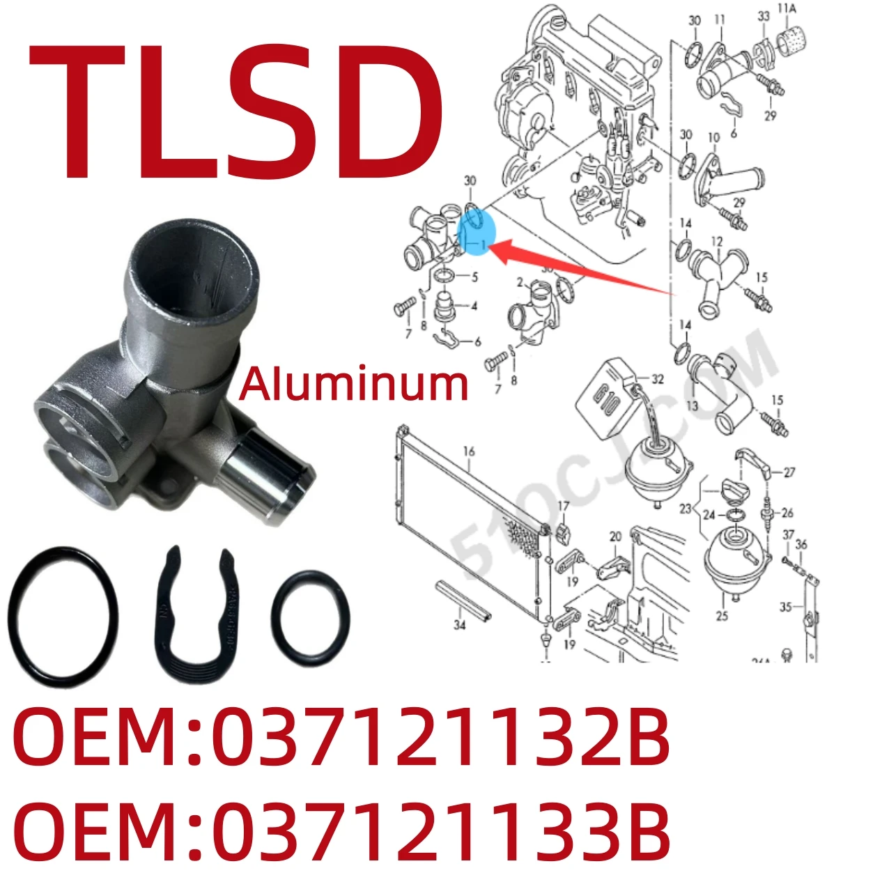 Aluminum Engine Cooling Radiator Hose Quick Connector Suitable for Volkswagen Passat, Golf, Jetta, Multivan 037121132A 037121132B 037121133B