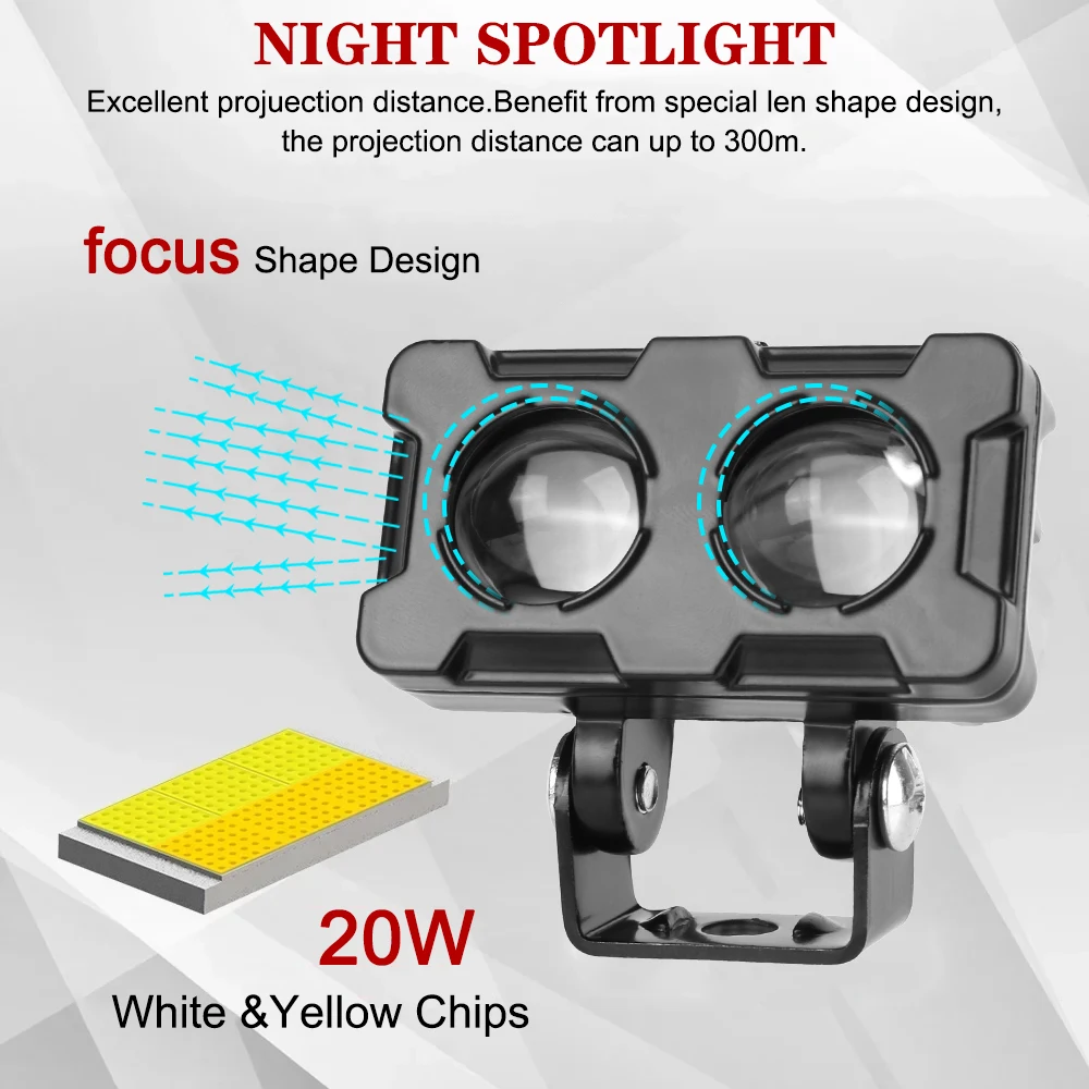 دراجة نارية LED عدسة الأضواء عدسات مزدوجة الأضواء 20 واط ثنائي اللون أبيض أصفر ضوء الدراجات النارية مساعد الضباب مصباح 1 قطعة #2