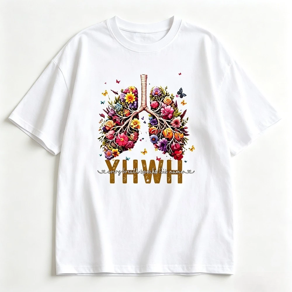 Anatomical Lungs  T-Shirt Every Breath Speaks His Name Vintage Flower Butterfly Print Oversized Short Sleeve Tee For Men Women