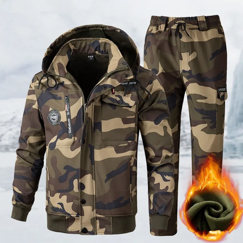 Men's Workwear Camouflage Fleece Lined Thickened Winter Warm Resistant To Dirt and Wearable Autumn Winter Jacket and Pants Set