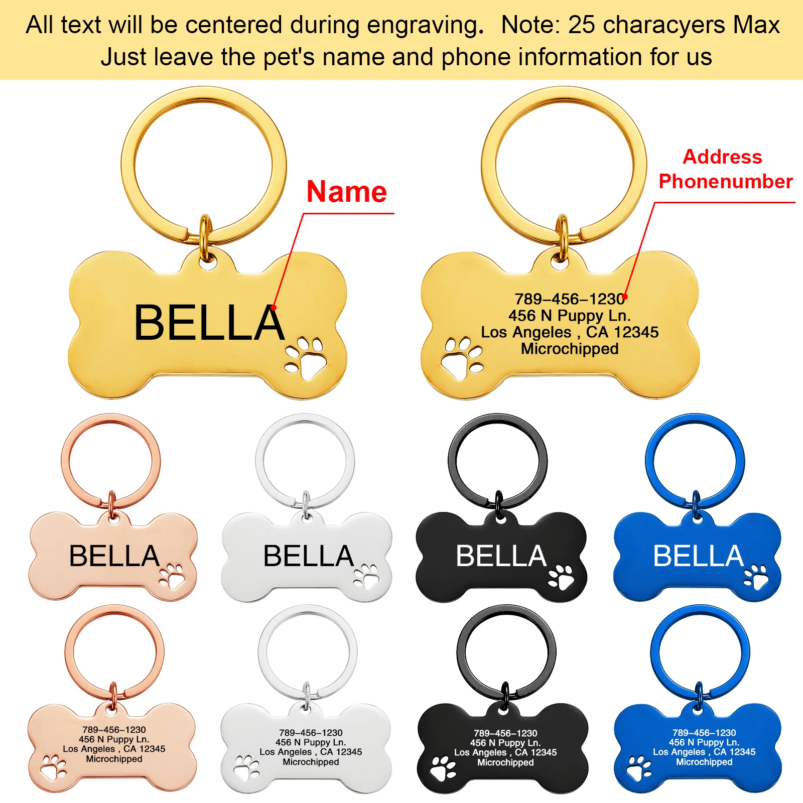 Pet ID Tag Stainless Steel Personalized Dog Collar Address ID Tags for Dogs Cats with Free Engraving Customizable