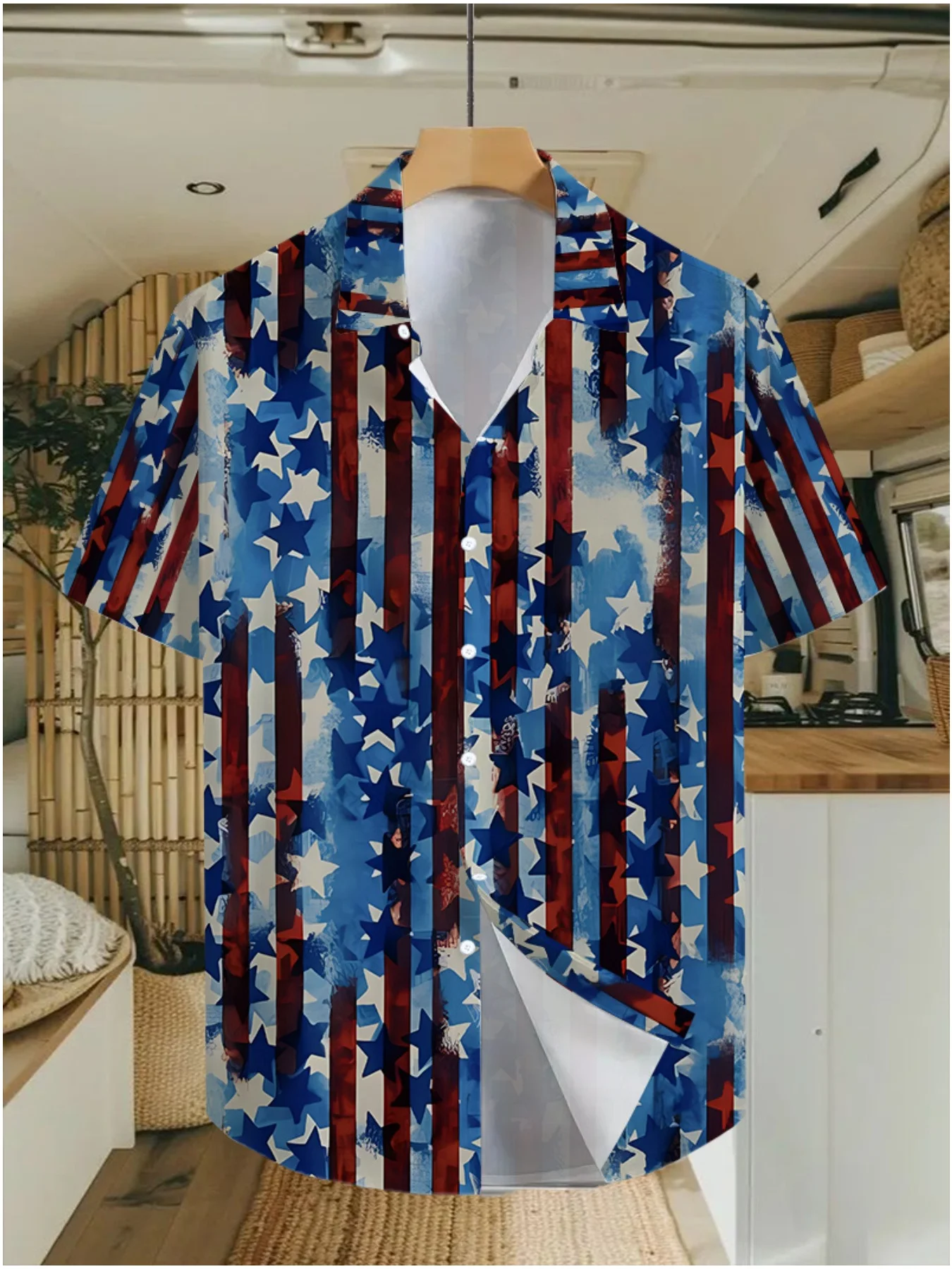 Summer Retro Hawaiian Line Five-Pointed Star 3D Print Short-Sleeve Men's Shirt Outdoor Loose Casual Beach Vacation Shirt