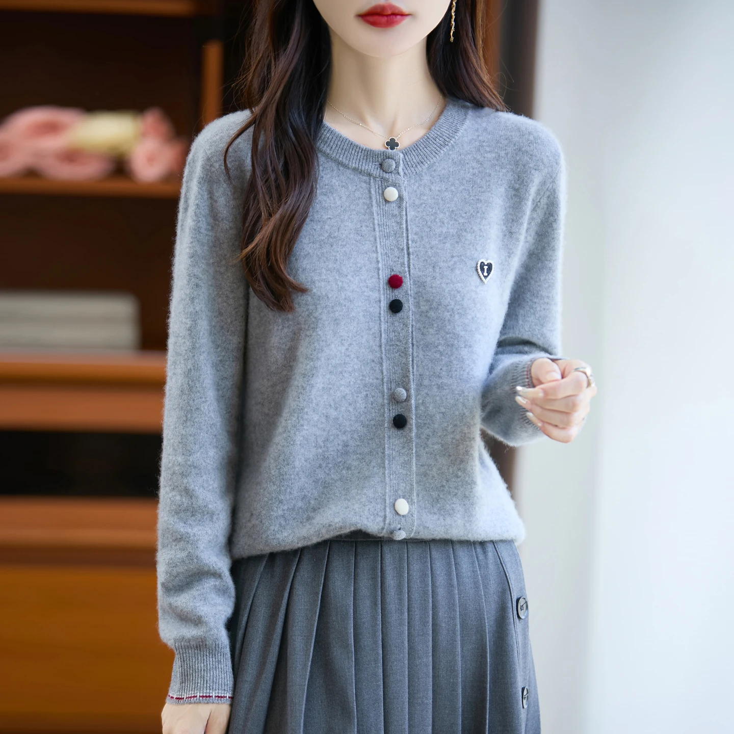 Elegant 100% Merino Wool Sweater Autumn Winter Mock-Neck Cashmere Cardigan Long Sleeve Women Knitwear Causal Tops