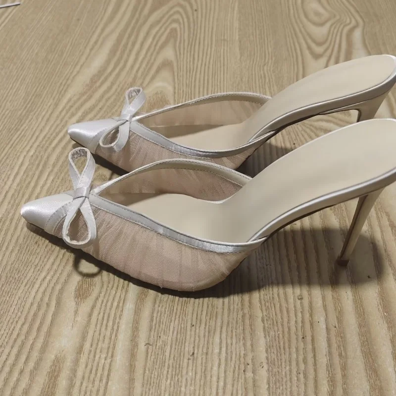 

White Bow Knot Decor Sandals Slippers Stilettos Slip on Thin High Shoes for Women Open Toe Wedding Shoes 2023 Zapatillas Mujer