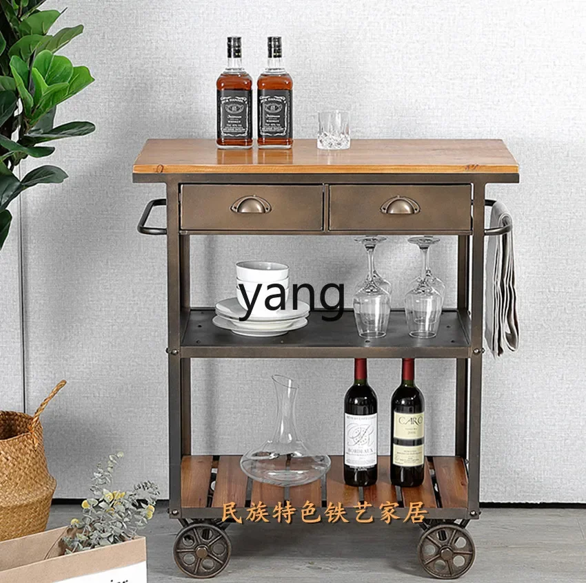 LMMM American retro solid wood wrought iron removable wheeled dining side cabinet kitchen cooking table