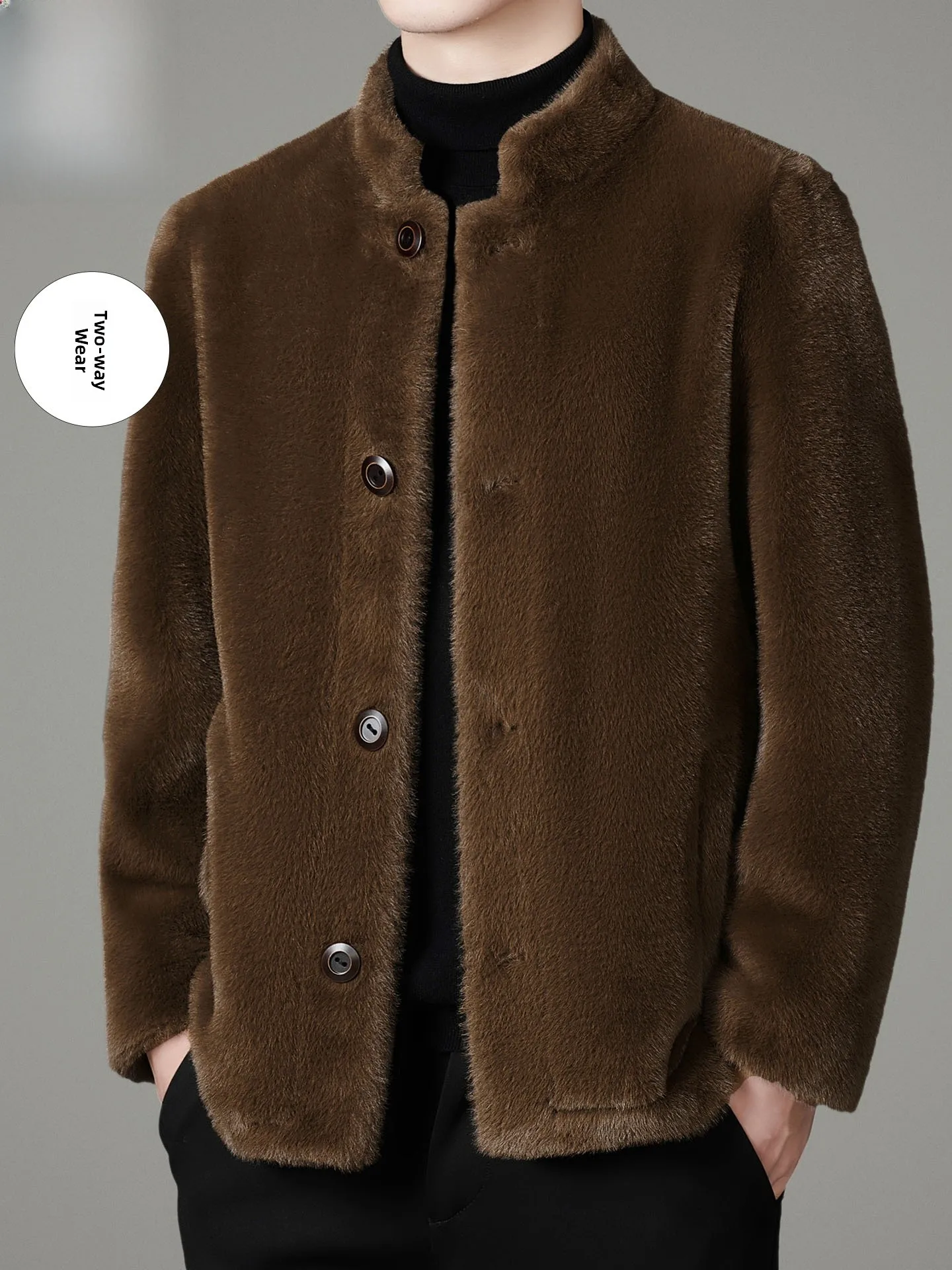 

Men's Stand Collar Winter Jaet Suede Fur Lined Inteated Leather And Fur ort Coat Double Sided Wear Thiened Outerwear