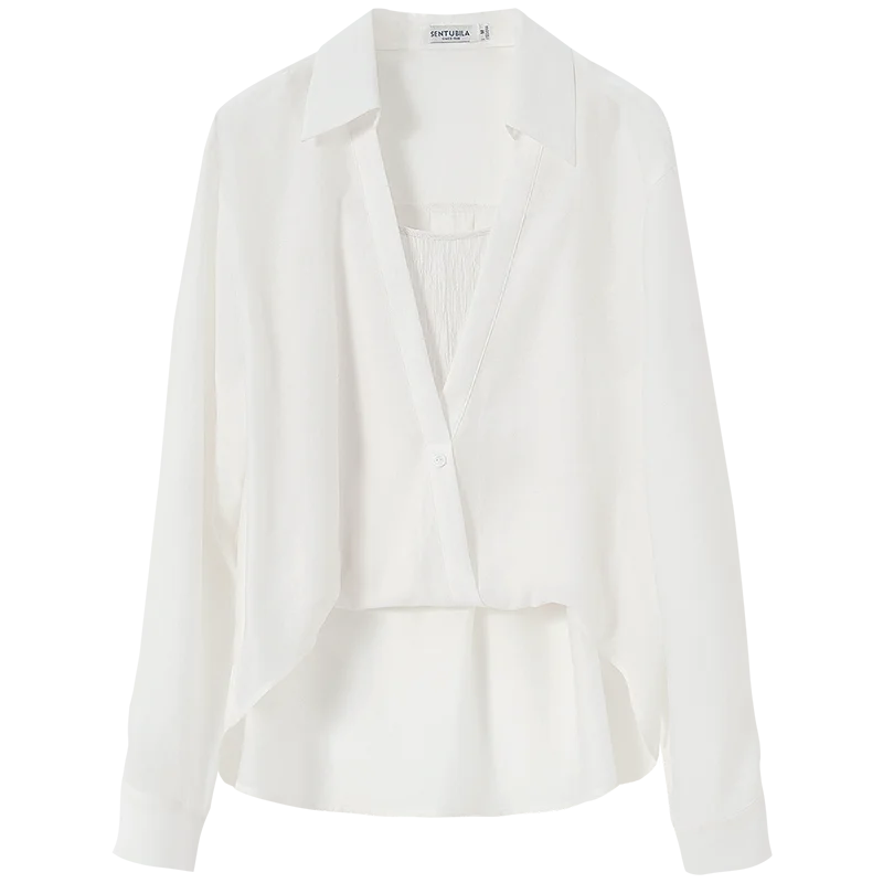 SENTUBILA Lyocell 2-in-1 damesblouse 2025 lente casual onregelmatige patchwork kraagvorm effen witte shirts 151C57470