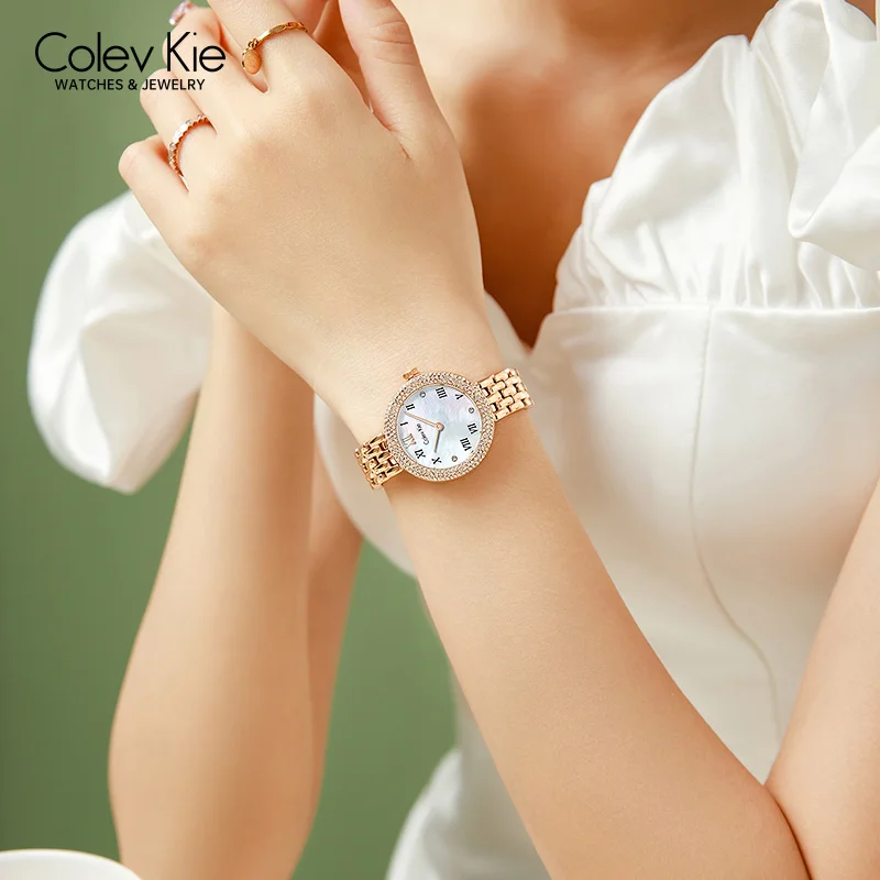 ColevKie Woman Watch Rose Gold Stainless Steel Band Quality Quartz Watches for Ladies Dress Diamond Wristwatches Gift Sets Girls