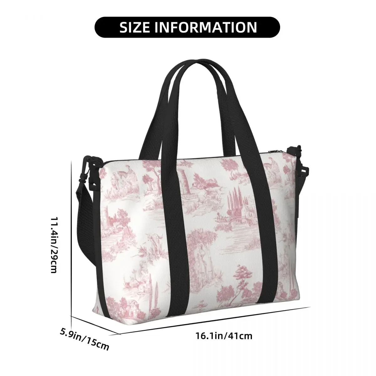 Custom Vintage Toile De Jouy Tote Bag Women Large Capacity Blush Pink White Beach Gym Travel Bags
