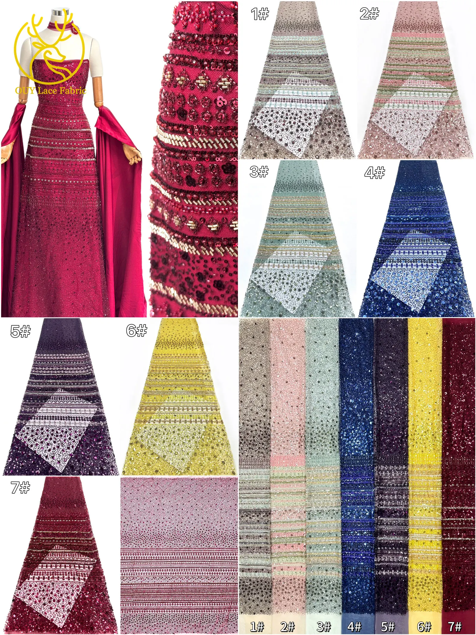 Französische nigerianische Luxus-Perlen-Mesh-Spitze in Weinrot, französische Pailletten-Stickerei-Spitze, afrikanischer Spitzenstoff für Abendkleider zum Nähen – Detail 4