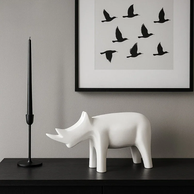 Ceramic handicrafts Rhino Nordic simple living room decoration white ceramic small ornament