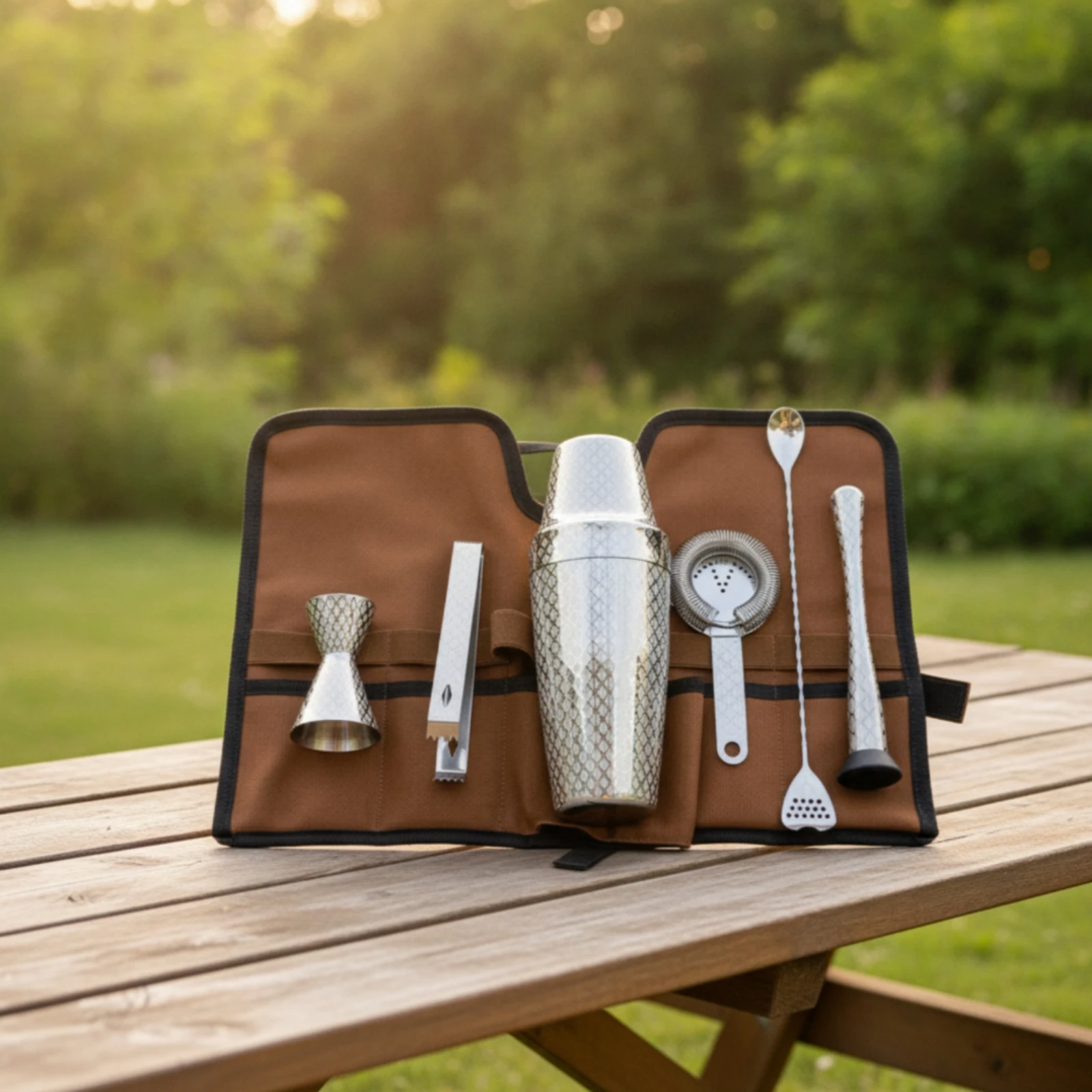 7 Pieces Bar Tool Set with Roll-up Pouch Sturdy Roll-up Bartender Bag Bartending Kit Professional Barware Compact