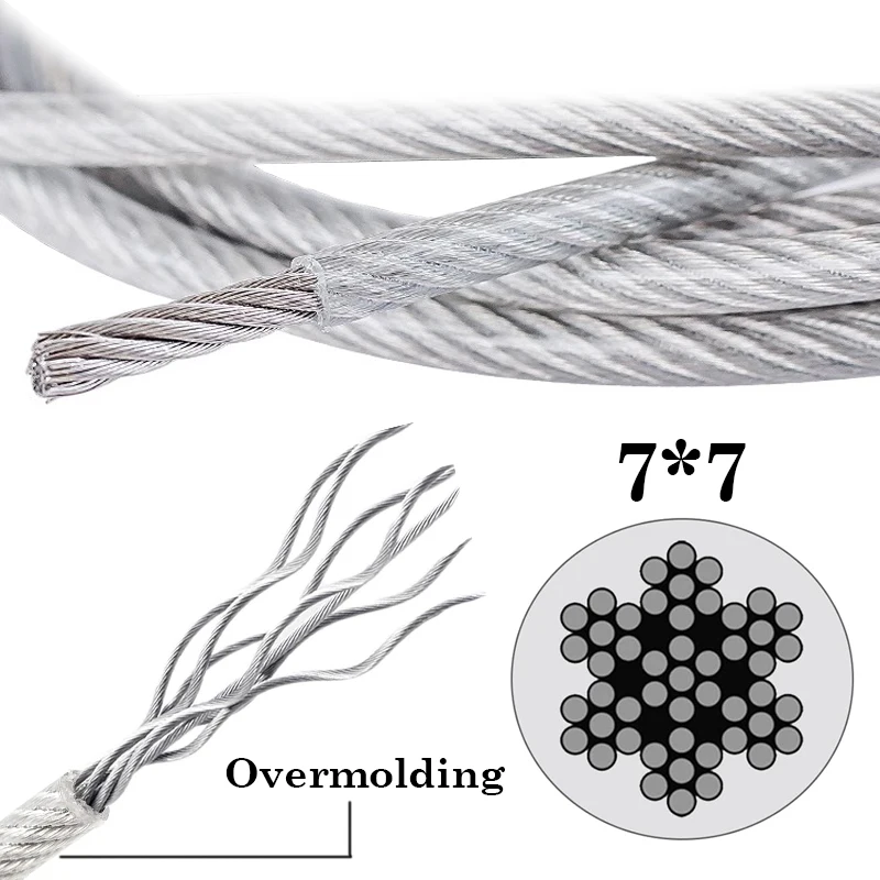 Câble métallique en acier inoxydable revêtu de plastique, ULen caoutchouc, treillis de raisin de balcon, 0.6mm, 0.8mm, 1mm, 1.2mm, 1.5mm, 2mm, 3mm, 5m, 10m, 7x7