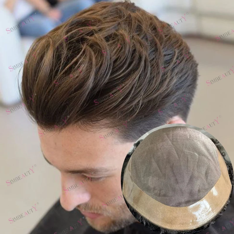 Natural Hairline 100% Human Hair Poly Skin Mono Top Base European Men's 6Inch Long Hair Capillary Prosthesis Breathable Hair Wig