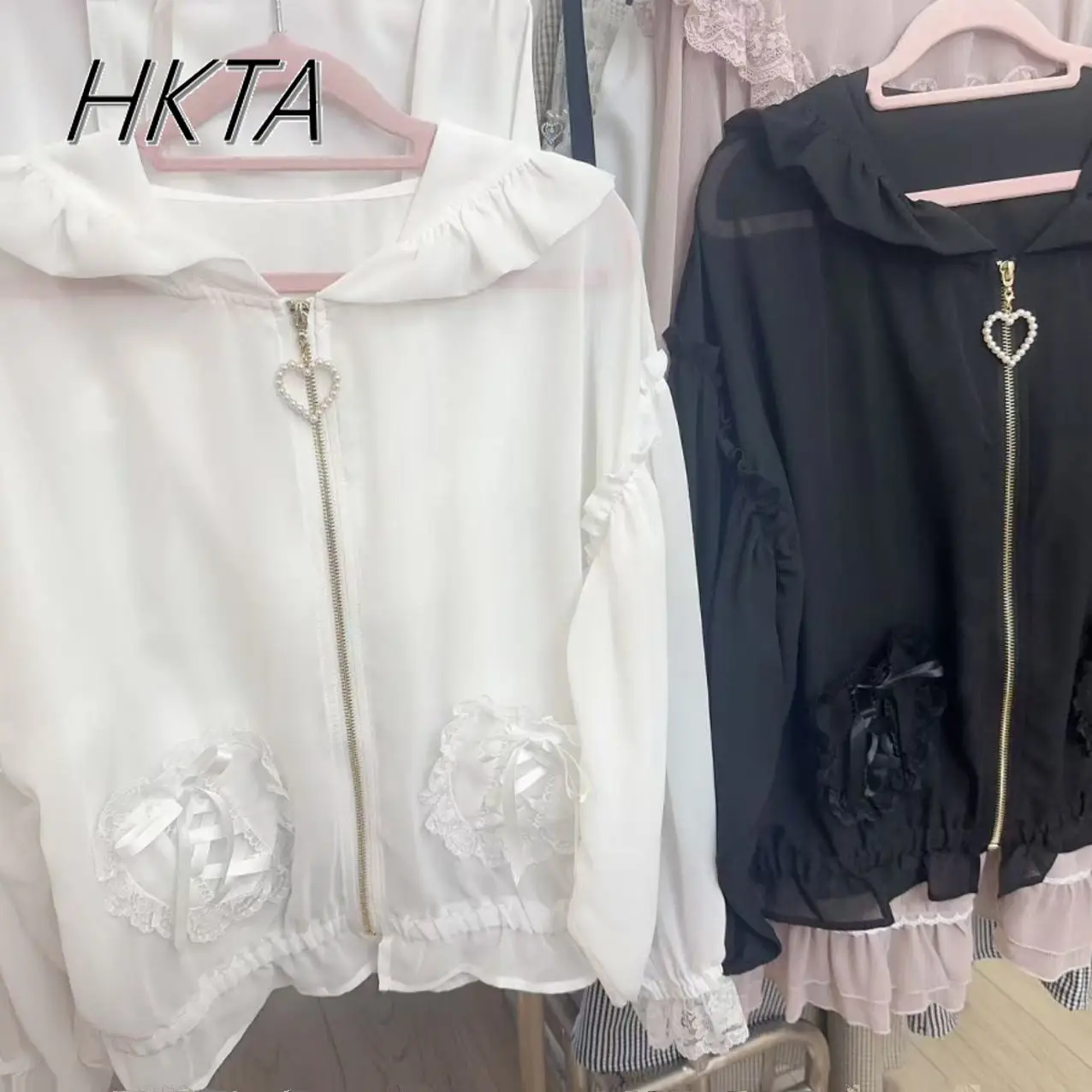 

Japanese Lolita Sweet Hooded Long Sleeved Coat Top Women Summer Lace Fungus Edge Loose Sweet Bow Pleated Chiffon Sunscreen Shirt