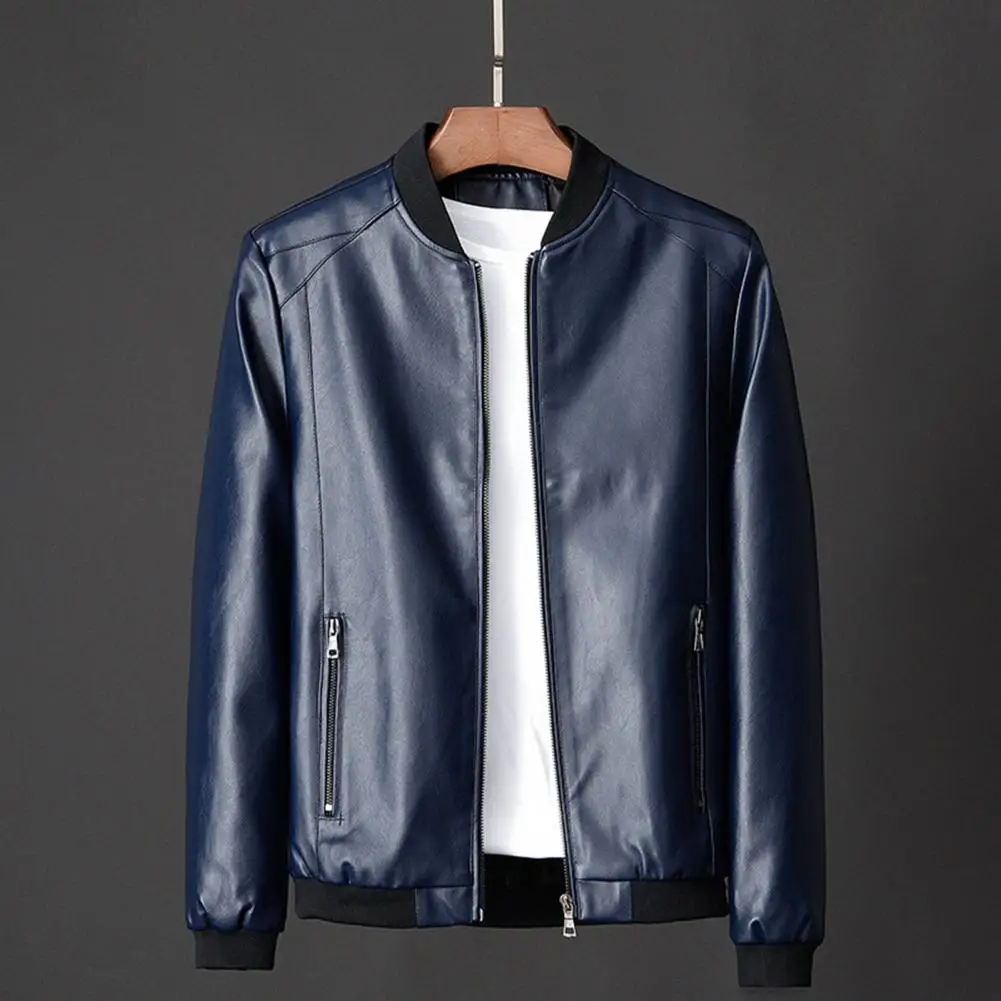 Men Coat Stylish Men's Faux Leather Motorcycle Jacket with Stand Collar Pockets Elastic Hem Solid Color Coat for A Trendy Look