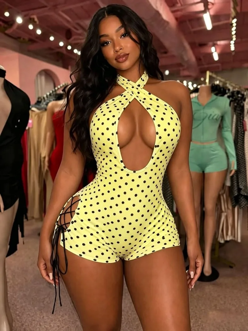 

Side Split Lace Up Polka Dots Print Skinny Playsuit Women Sexy Hollow Out Cross Halter Backless Peach Hip Slim Romper Streetwear