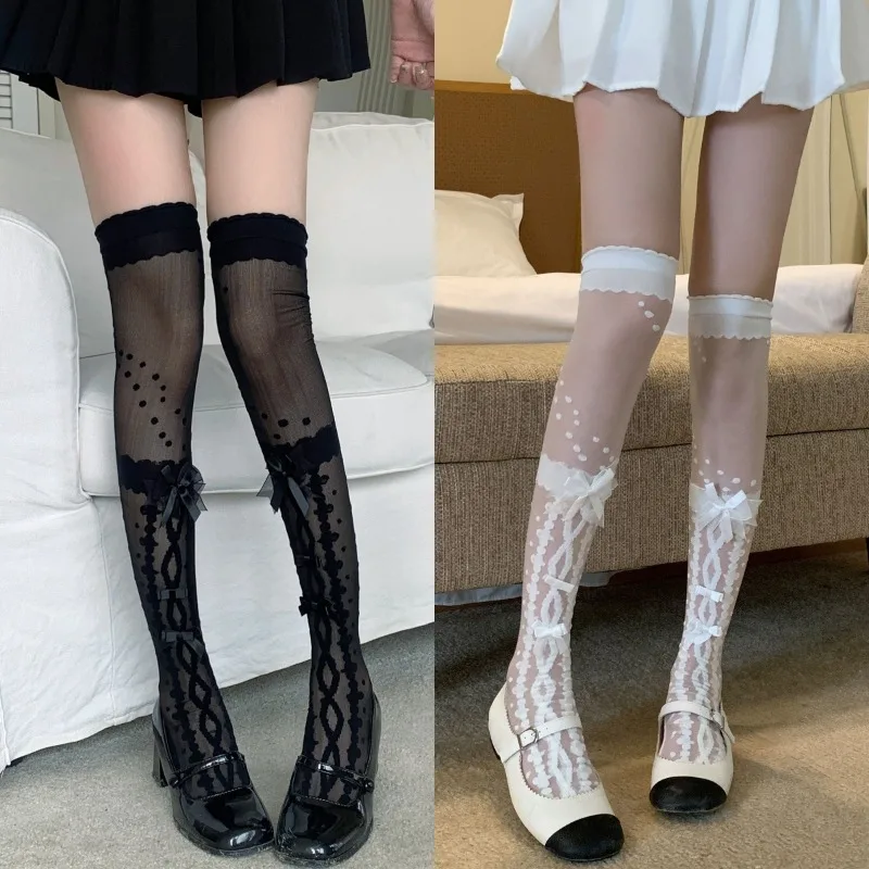 

Lolita Over Knee Socks Sweet Bow Crisscross Lace White Thigh High Socks Sheer Thin Summer Stockings for Lolita Fashion Cosplay