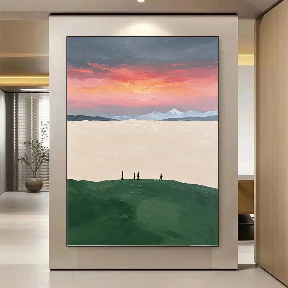 100% Handmade Abstract Oil Painting Original Wall Art Large For Home Living Room Decor, Minimal Scenery Walkers Canvas Art
