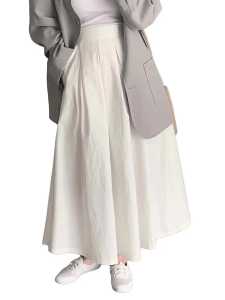

White A-Line Midi Skirt Women's Summer New Sle Small Size Long Wide Hem High Waist Hip Covering Umbrella Skirt