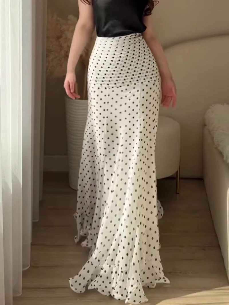 2026 Women Polka Dot Print Skirt Fashion Summer Chiffon Maxi Skirt Elegant High Waist Lady Bodycon 2027 Casual Vacation Skirt