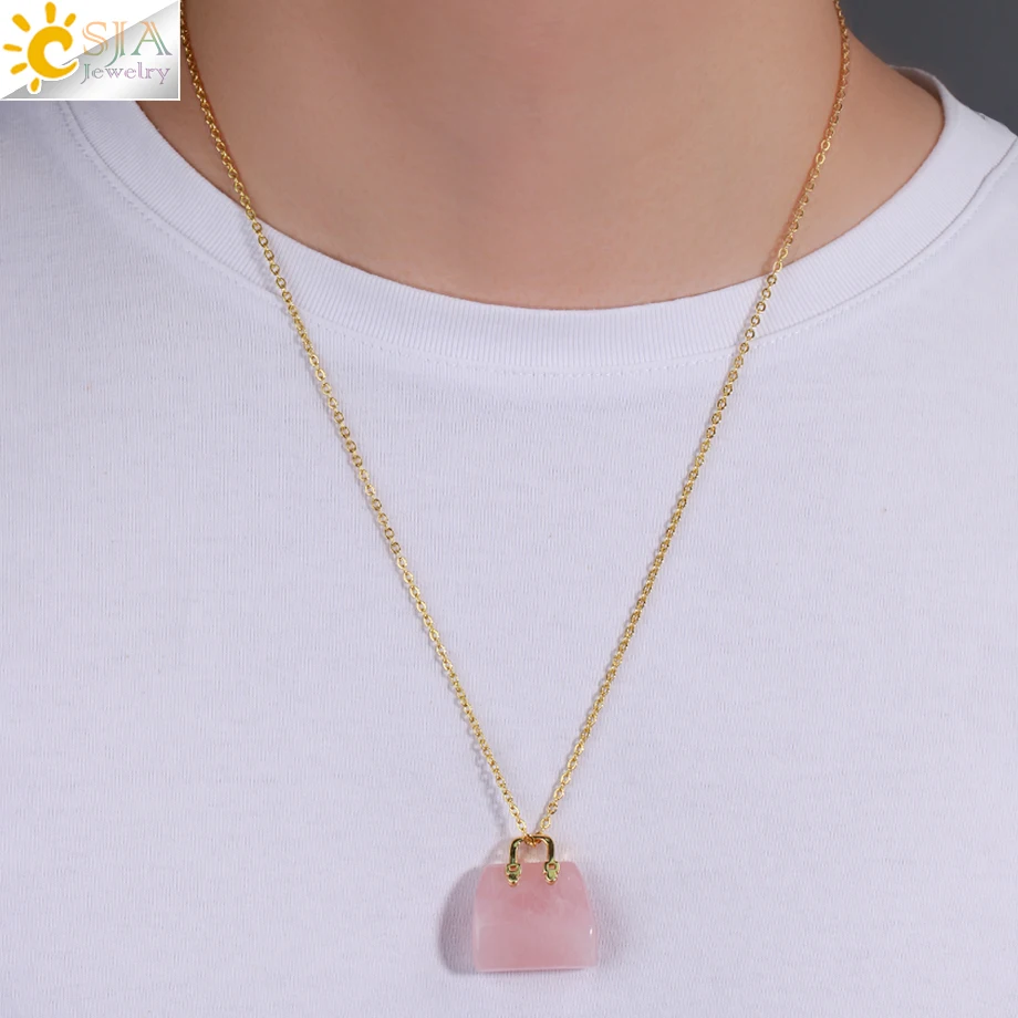CSJA Natural Gem Stone Handbag Pendant Necklace for Women Healing Amethysts Pink Crystal Pendants Jewelry Home Decor Gift H171