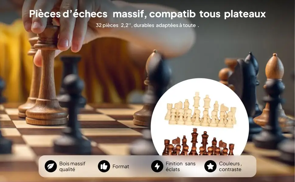 32Pcs Wooden Chess Pieces Wood Chessmen Educational Brain Teaser 1-2 Players