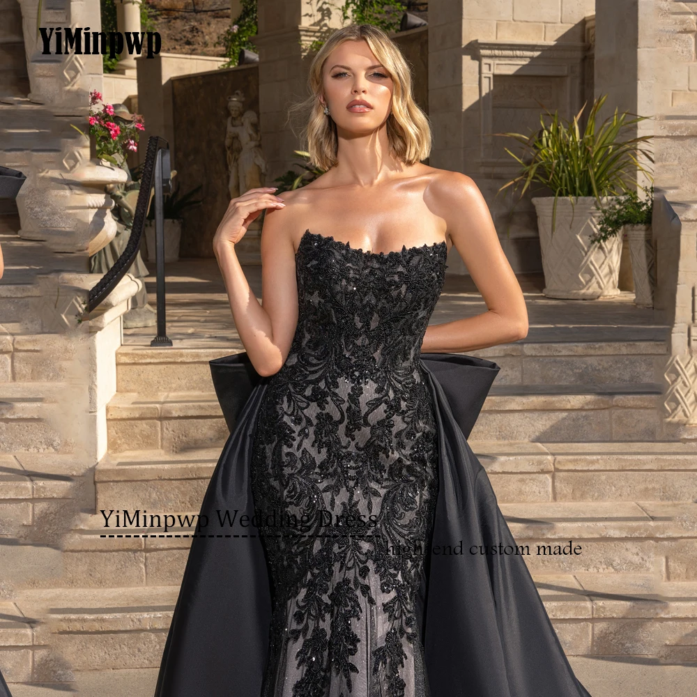 فستان زفاف ساحر للنساء العروس بدون حمالات حورية البحر ذيل قابل للانفصال بدون ظهر مزين بقطار سويب فستان عروس أسود مخصص